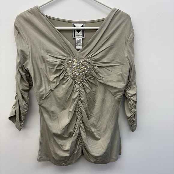 Marc Bouwer Womens Top Sz S V Neck Front Ruching Quarter Sleeve Blouse Heart Y2K - Picture 1 of 7